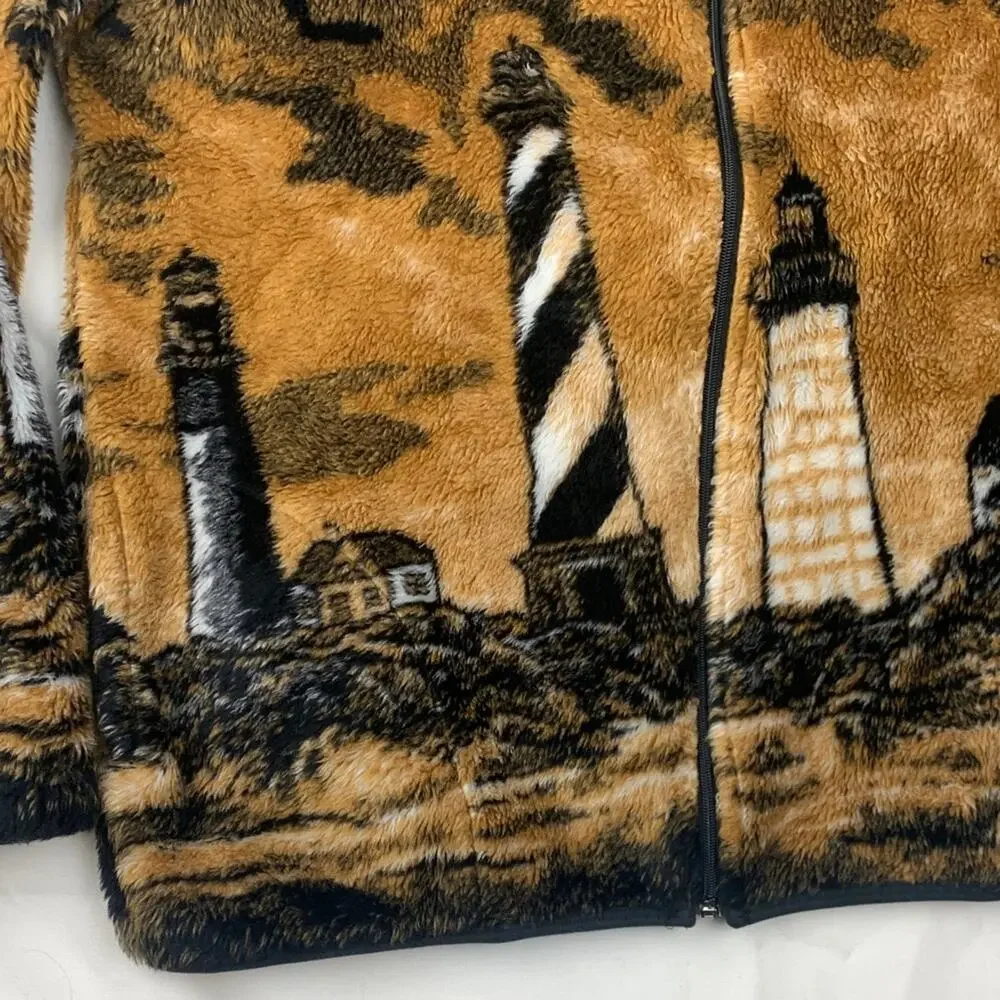 Whimzicals size large USA Lighthouse Print Fleece Jacket zip up long sleeve